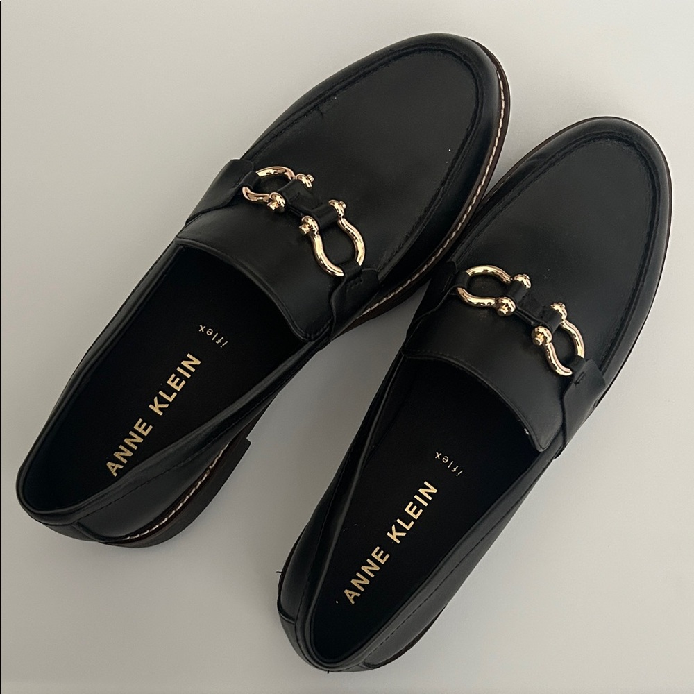 Anne Klein Black Leather Loafers with Gold Horsebit Detail, Size 10M. $65 New.